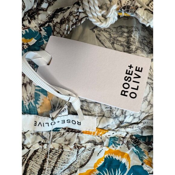 Rose & Oliver Fluffer Sleeve Tie Neck Size Medium Print Blouse NWT Brown Teal Ye - Picture 3 of 8